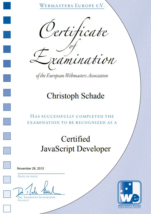 Zertifikat der Webmasters Europe e.v. Web-JavaScript-Web-Developer