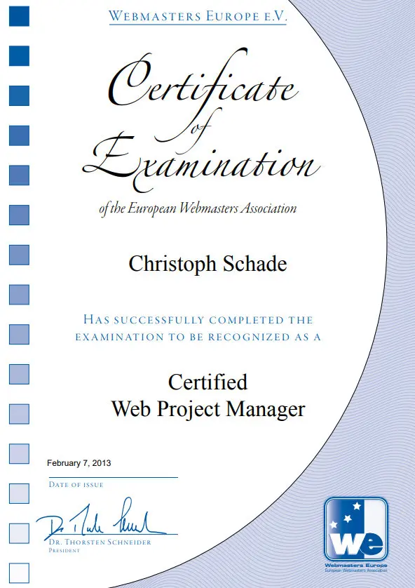 Zertifikat der Webmasters Europe e.v. als Web-Projekt-Manager
