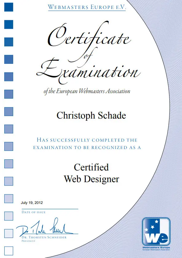 Zertifikat der Webmasters Europe e.v. als Webdesigner